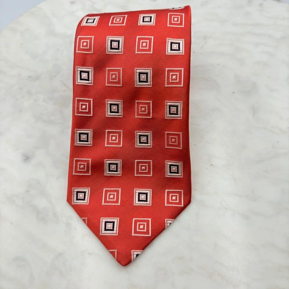 Canali Red Silk Geometric Square Pattern Stripe Mens Neck Tie Italy FLAW 3.75x61